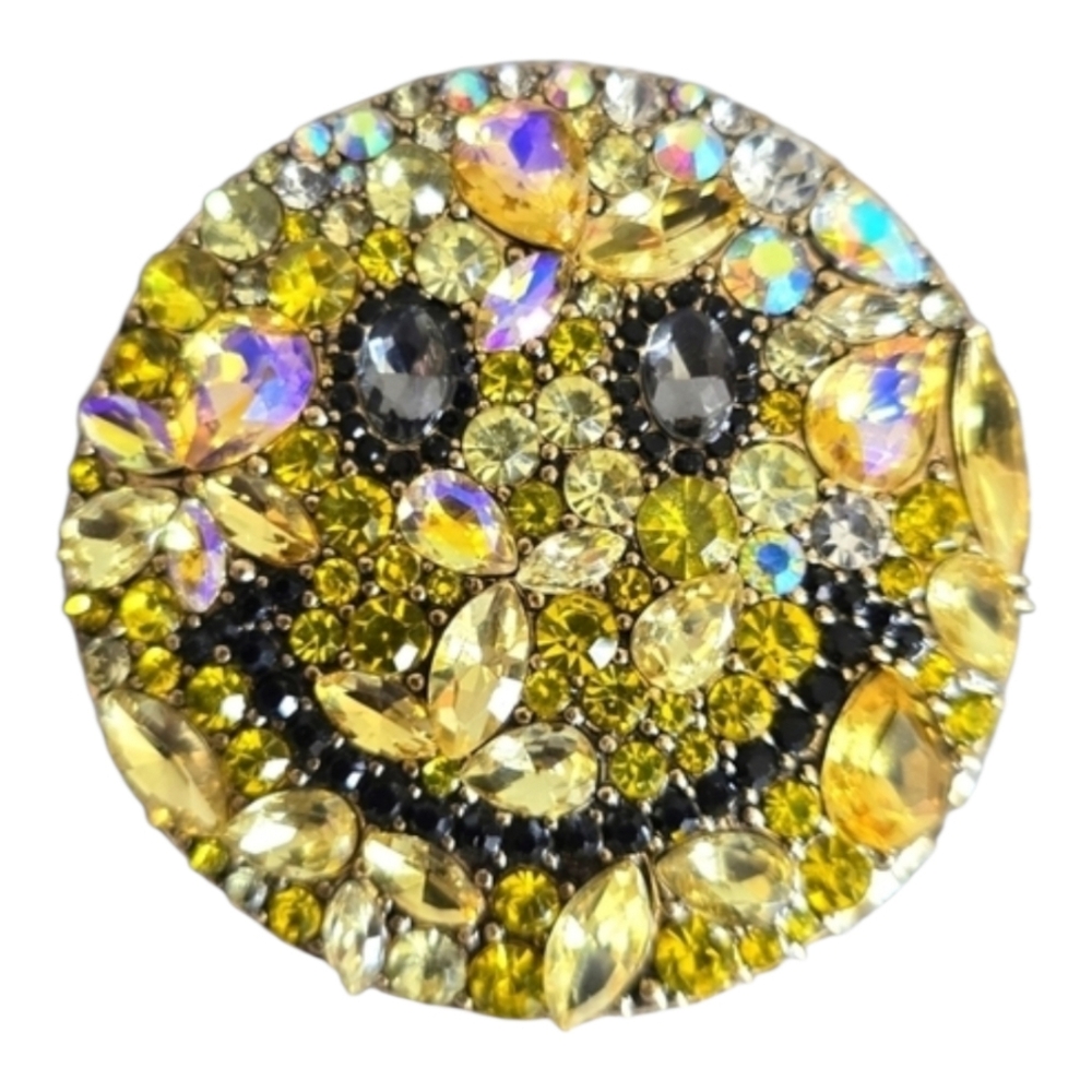 Smiley Face Brooch Pin Gold Yellow Black Crystal Rhinestone Playful Happy Funny